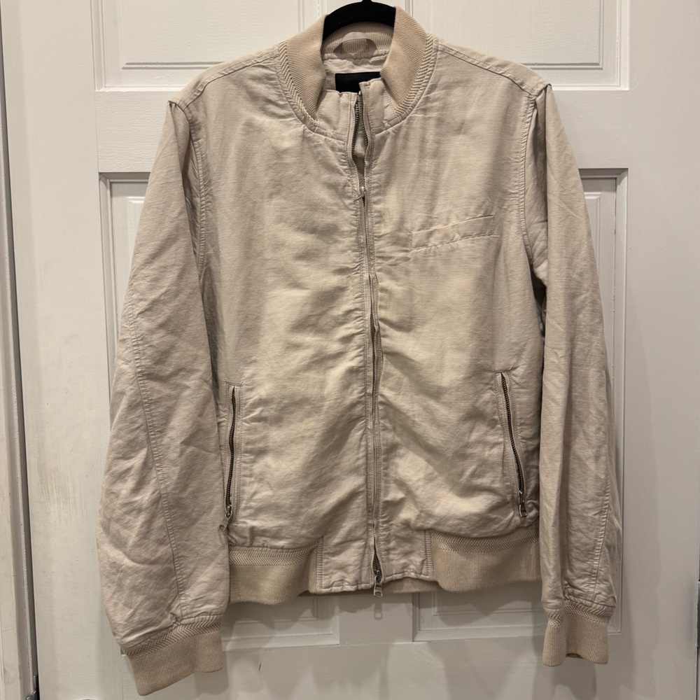 Banana Republic Men M Linen Cotton Bomber Jacket Beige Tan Lightweight Full Zip